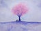 Watercolor woman waiting someone under cherry blossom or sakura in field. watercolor landscape