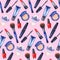 Watercolor women`s mascara, cream tube, red lipstick, nail polish manicure cosmetics make up set seamless pattern