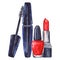 Watercolor women`s mascara and red lipstick and nail polish manicure cosmetics make up set isolated