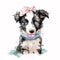Watercolor Wonder: Border Collie Puppy in Headband and Glasses AI Generated