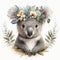 Watercolor Wonders: Boho Floral Cute Baby Koala, Isolated on White background - Generative AI