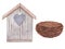 Watercolor wood birdhouse with heart and Bird nest. Spring decoration.