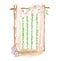 Watercolor wood wedding arch with hanging ivy leaves garlands, flowers, lanterns and pastel curtains. Hand drawn wood