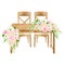 Watercolor wood wedding table with flower bouquets decoration isolated on white. Hand painted sweetheart table, wooden