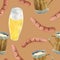 Watercolor wooden beer mug, glass of lager, grill sausages seamless pattern. Hand drawn octoberfest concept. Illustration for