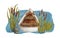 Watercolor wooden boat illustration. Hand drawn classic rowboat with oars in blue water with reed plants isolated on