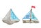 Watercolor wooden boats with blue sails