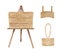 Watercolor wooden easel illustration. Hand painted wood boards and hanging planks isolated on white background. Empty