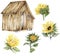 Watercolor wooden farmhouse and sunflowers. Hand drawn illustration of a farm. Perfect for wedding invitation, greetings card,