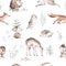 Watercolor Woodland animal Scandinavian seamless pattern. Fabric wallpaper background with Owl, hedgehog, fox and