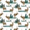 Watercolor woodland seamless pattern with deer and landscape. Hand painted realistic buck deer with antlers and fir