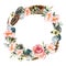 Watercolor wreath with bird feathers, briar flowers and butterfly