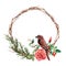 Watercolor wreath with bird and rose. Hand painted tree border with cotton, dogrose berries and leaves isolated on white