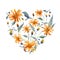 Watercolor wreath heart-shaped. Orange daisies.