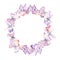 Watercolor wreath with hearts delicate, purple and pink butterflies, dragonflies. Frame posters, postcards, certificates