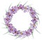 Watercolor wreath with purple summer flowers and green grass. Hand-drawn circle frame isolated on the white background.