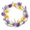 Watercolor Wreath Of Purple And Yellow Flowers On White Background