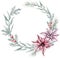 Watercolor wreath of red poinsettia flower, eucalyptus and rosemary twigs with leaves and red berries. Botanical Winter