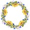 Watercolor wreath with sunflowers, blue cornflowers and leaves.