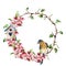 Watercolor wreath with tree branches, apple blossom, bird and birdhouse. Hand painted floral illustration isolated on