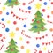 Watercolor Xmas seamless pattern. Hand drawn Christmas tree, star topper, balls and decoration, garland, candy cane. Celebration