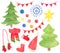 Watercolor Xmas set. Hand drawn Christmas tree, star topper, balls and decorations, garland, snowflake, mittens, scarf, sock.