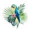 Watercolor yellow blue macaw parrot, South American parrot with tropical palm leaves. Hand drawn illustration, clip art