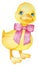 Watercolor yellow duckling with a happy face and pink bow. Farm bird isolated on the white background