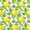 Watercolor yellow lemon branch and leaves seamless pattern. Hand drawn citrus plants isolated on white background