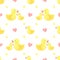Watercolor yellow toy duck for swimming. Seamless pattern on white background.