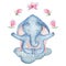 Watercolor yoga elephant in lotus position with flowers on the cloud cute hand drawn illustration