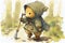 Watercolor young bear travels in a raincoat with a stick. Generative AI, Generative, AI