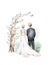 Watercolorcouple bride and groom in boho ceremony style wedding. Digital marriage illustration. Love wedding invitation. save the