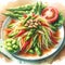 Watercolors of a plate of spicy papaya salad or Somtum by generative AI