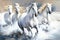 Watercolour abstract animal horse painting of white horses running through river stream