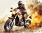 Watercolour abstract illustration an off-road motorcycle driving through fire and flames