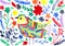 Watercolour abstract modern vivid background with bird and flowers