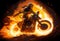 Watercolour abstract painting of an off-road motorcycle and rider where the motorbike is driving through fire and flames at an