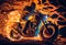 Watercolour abstract paintingof an off-road motorcyle and rider where the motorbike is driving through fire and flames at an