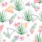 Watercolour abstract seamless pattern tropical summer mood. FLoral and geometry shapes composition for the textile fabric, paper.