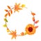 Watercolour autumn wreath on a white background, with fall leaves and a sunflower, with a place for text