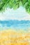 Watercolour beach background with palm leaves on top