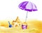 Watercolour beach with sun umbrella, sand castle, hand darwn summer illustration