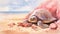 watercolour of a beauty turtle on the beaches, and coastal areas, pink and gold colors