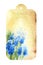 Watercolour beige label with blue hyacinths, spring flowers, old paper texture, hand drawn sketch