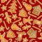 Watercolour Christmas pattern, Christmas cookies, red background.