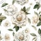 Watercolour coloured seamless pattern on white background. Camellia. Flowers and leaves. Pastel colours.