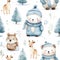 Watercolour with cute baby bear and deer cartoon animal portrait design for Winter holiday in seamless pattern