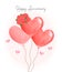 Watercolour cute bunch of Valentine red balloons heart shape with bouquet of red roses,  happy Anniversary, greeting card hand