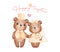 Watercolour cute two couple brown teddy bears in wedding groom and bride hold hand, happy together, Valentine cartoon character